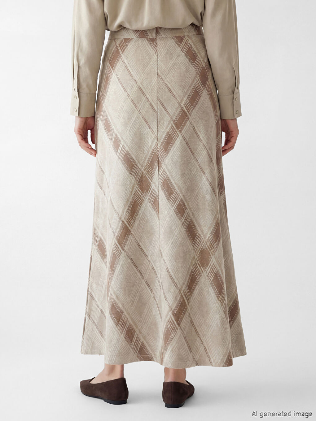 Bej Beli Lastikli Baklava Desenli Etek-3