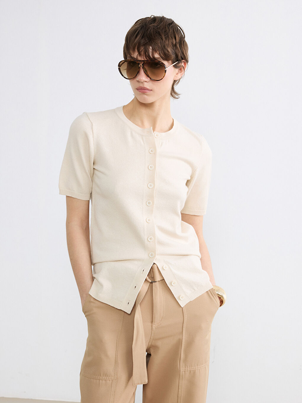 Ekru Yumuşak Dokulu Kadın Triko Hırka