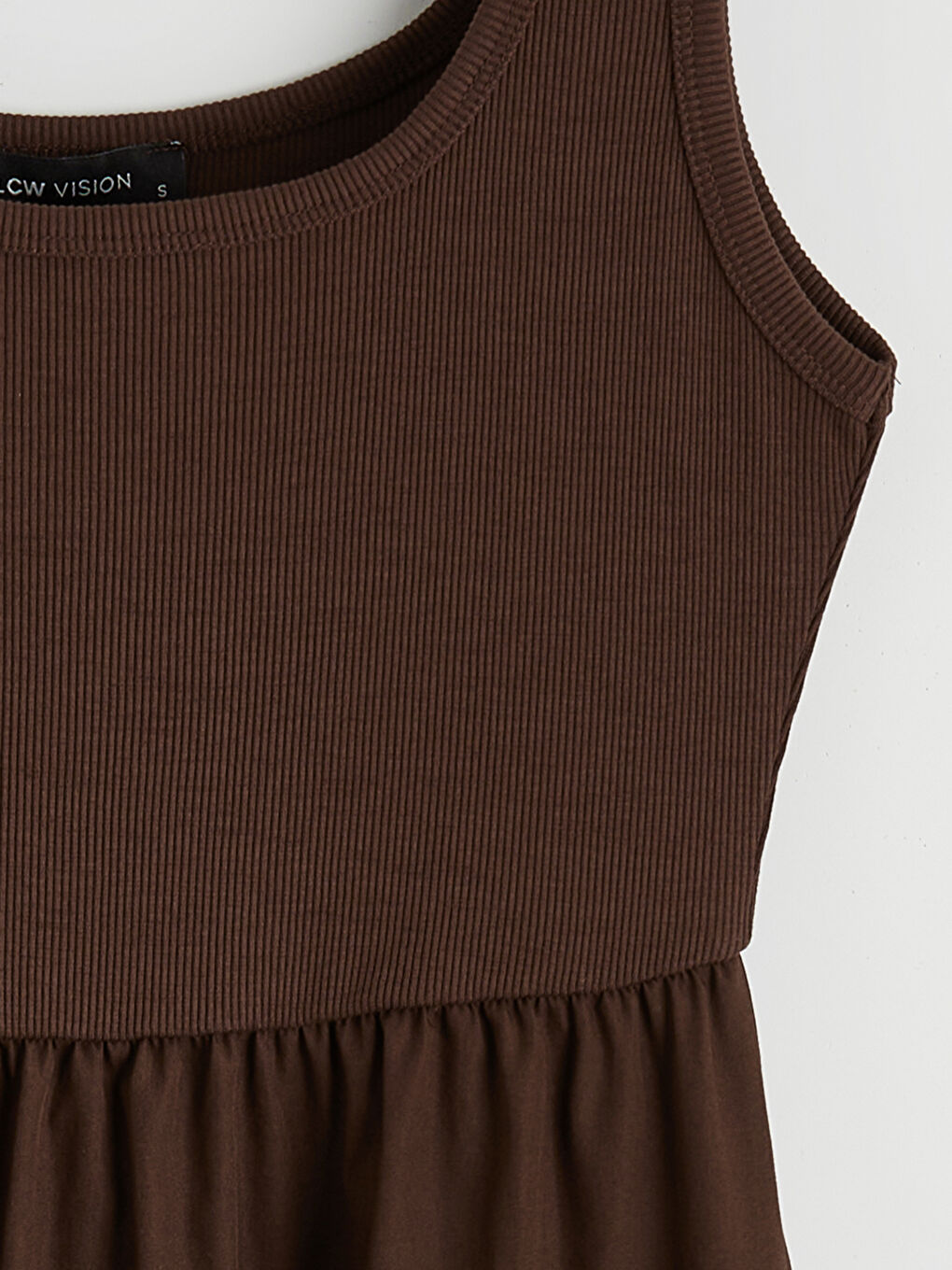 Kahverengi  Kare Yaka Büzgülü Belden Oturtmalı Elbise-1