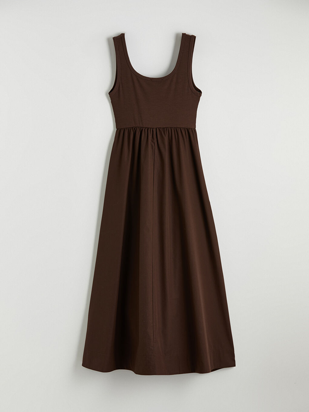 Kahverengi  Kare Yaka Büzgülü Belden Oturtmalı Elbise-2