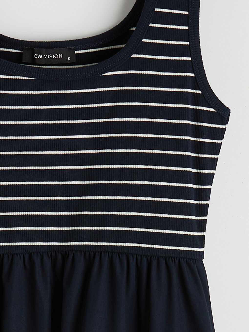 Lacivert  Kare Yaka Çizgili Büzgülü Belden Oturtmalı Elbise-1