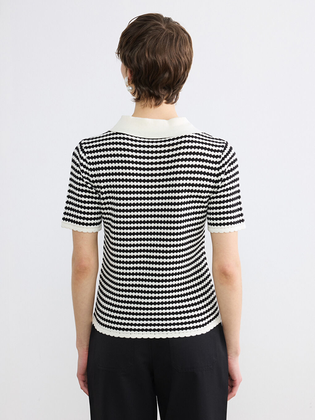 Siyah Polo Yaka Desenli Kadın Triko Kazak-3