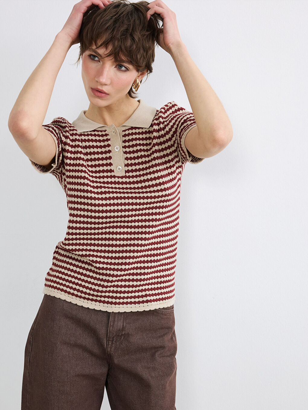 Bordo Polo Yaka Desenli Kadın Triko Kazak