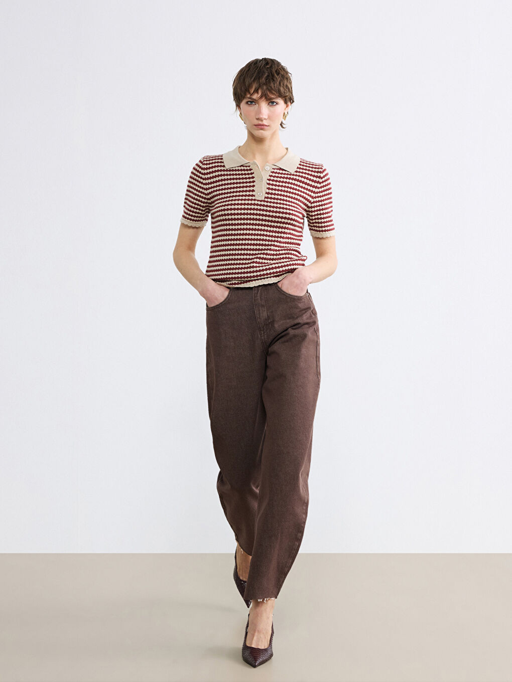 Bordo Polo Yaka Desenli Kadın Triko Kazak-1