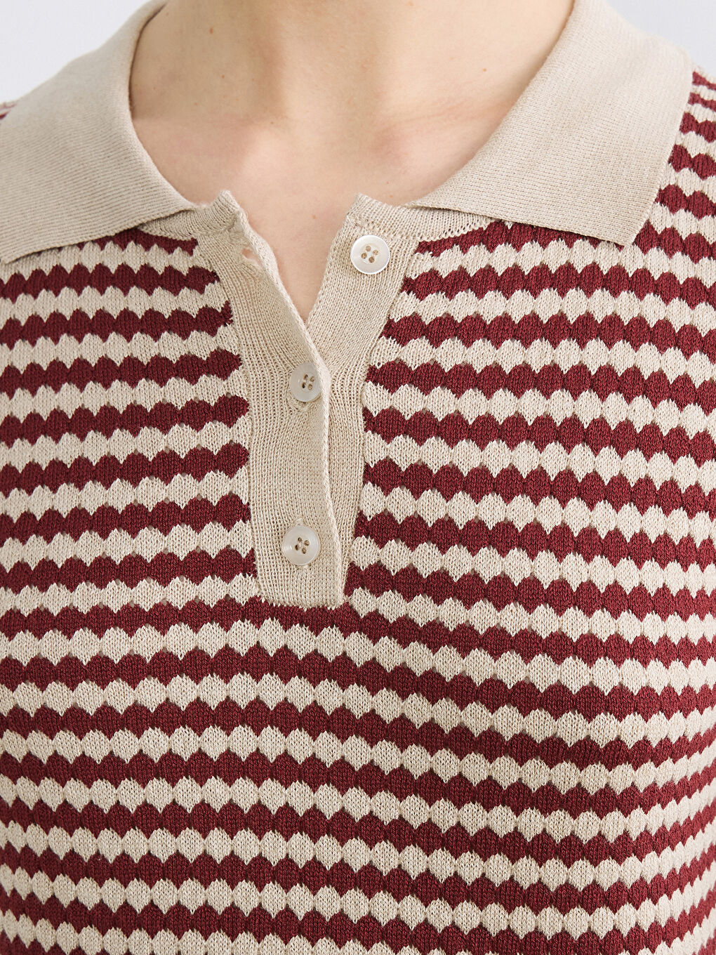 Bordo Polo Yaka Desenli Kadın Triko Kazak-2