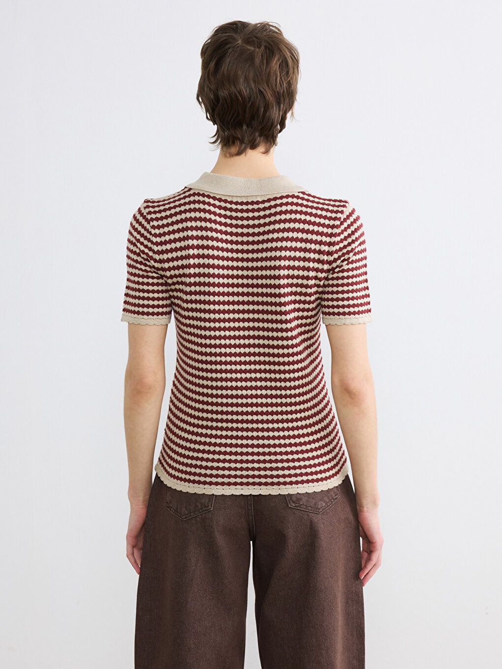 Bordo Polo Yaka Desenli Kadın Triko Kazak-3