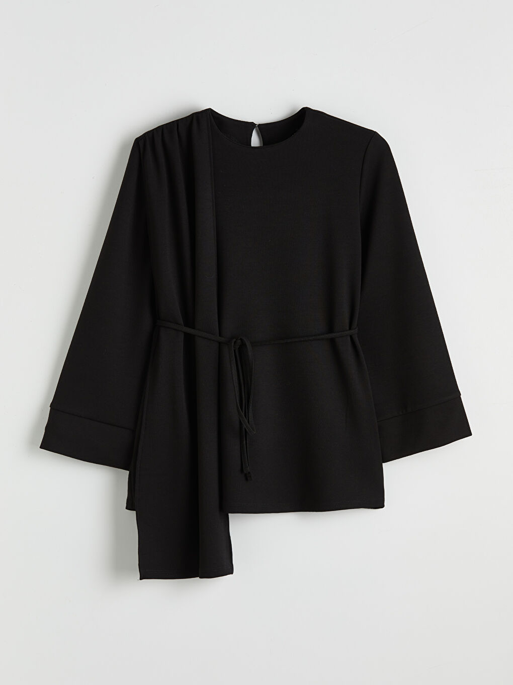 Siyah Bisiklet Yaka Kuşaklı Büzgülü Bluz-4