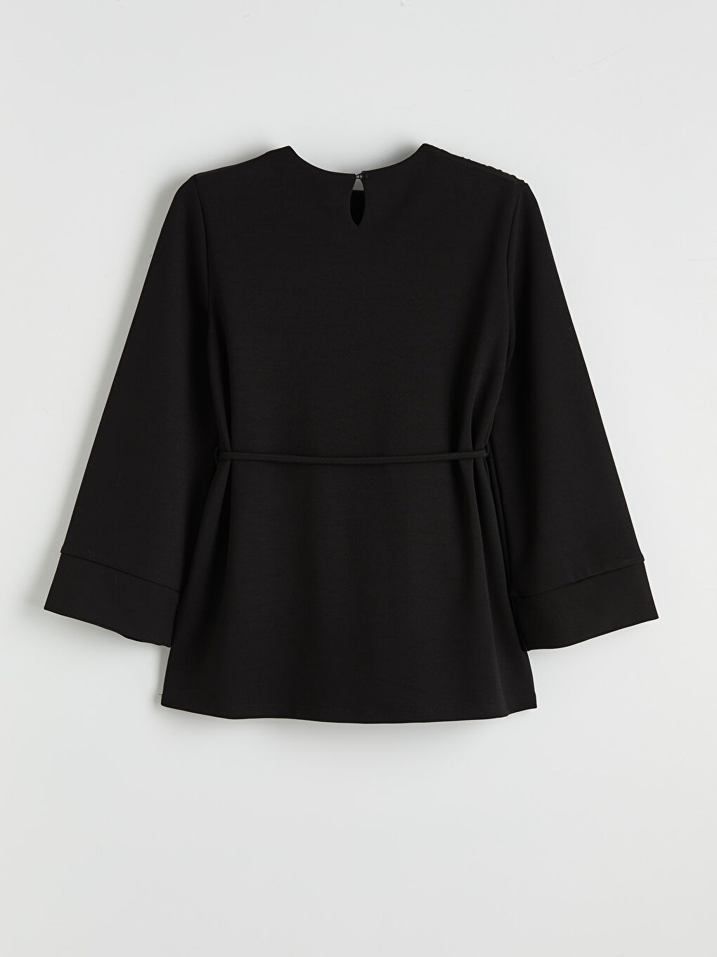 Siyah Bisiklet Yaka Kuşaklı Büzgülü Bluz-5