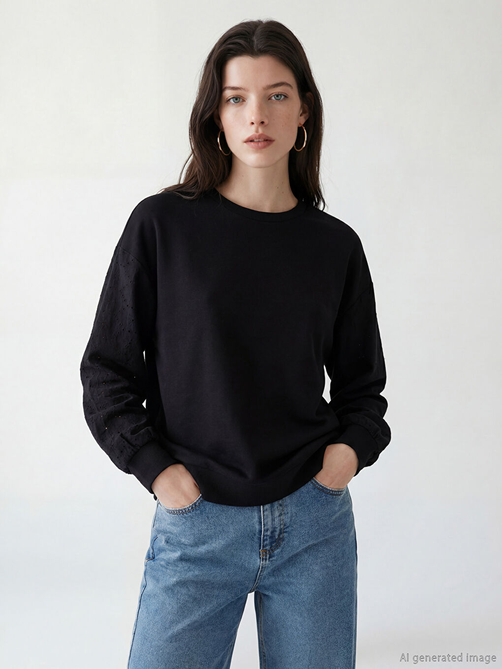 Siyah Bisiklet Yaka Brode Detaylı Kadın Sweatshirt