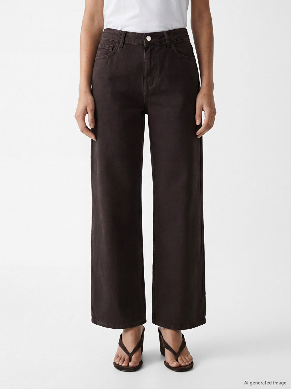 Kahverengi Yüksek Bel Wideleg Kadın Jean Pantolon-1