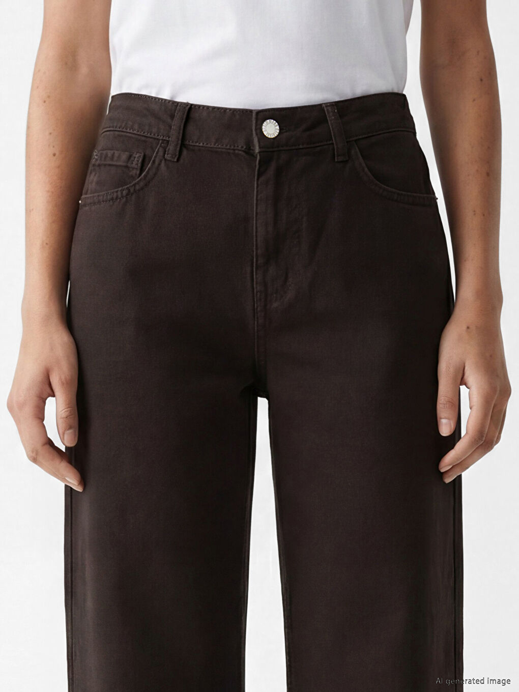 Kahverengi Yüksek Bel Wideleg Kadın Jean Pantolon-2