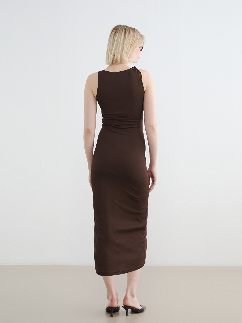 Crew Neck Ruched Slit Dress-3