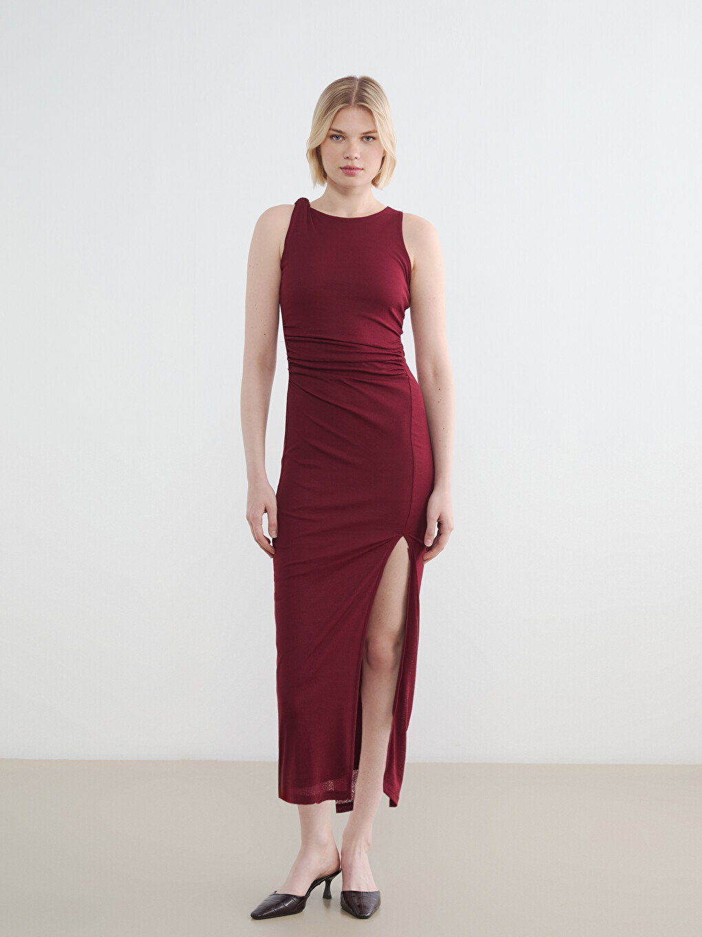 Crew Neck Ruched Slit Dress