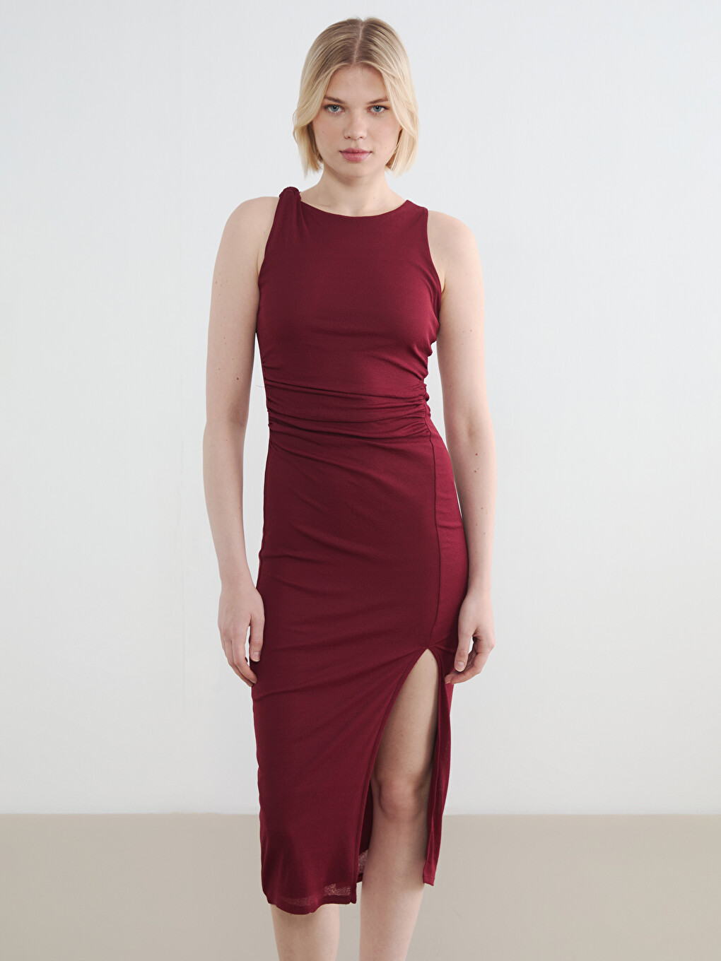Crew Neck Ruched Slit Dress-1
