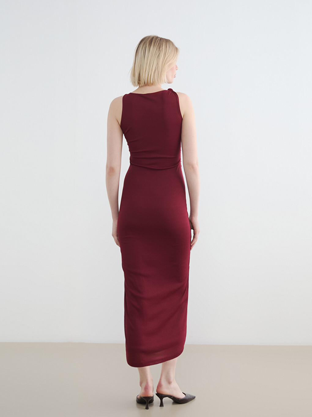 Crew Neck Ruched Slit Dress-3