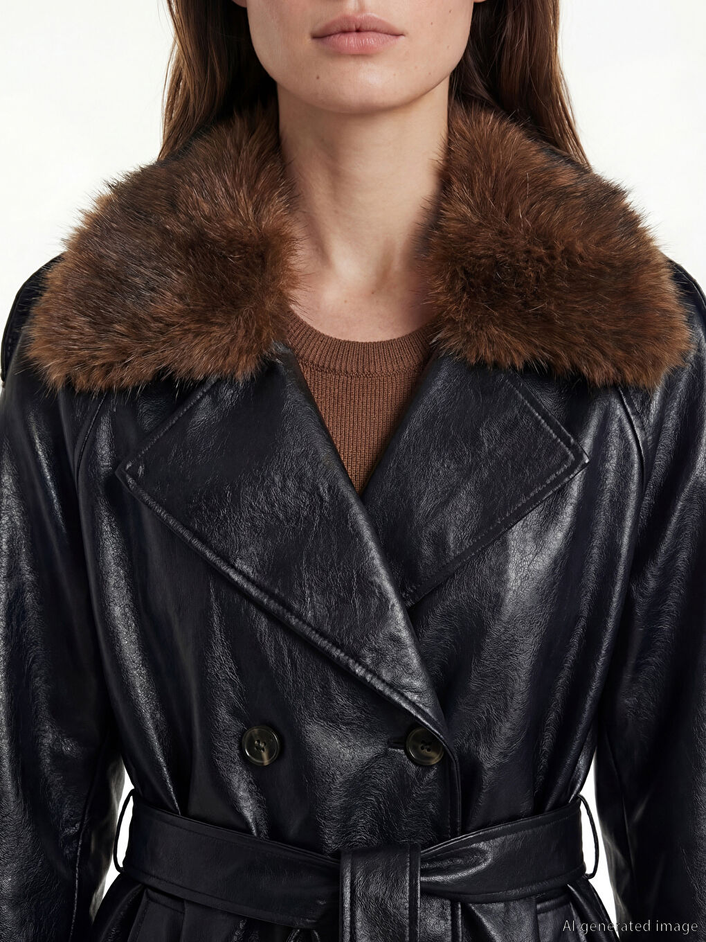 Siyah Kürk Yakalı Kadın Deri Görünümlü Ceket-2