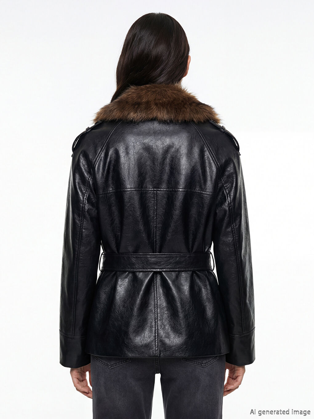 Siyah Kürk Yakalı Kadın Deri Görünümlü Ceket-3