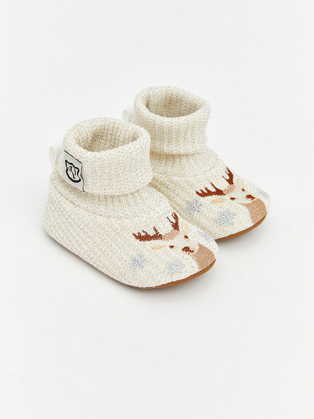 Bej Geyik Nakışlı Kız Bebek Çoraplı Ev Ayakkabısı