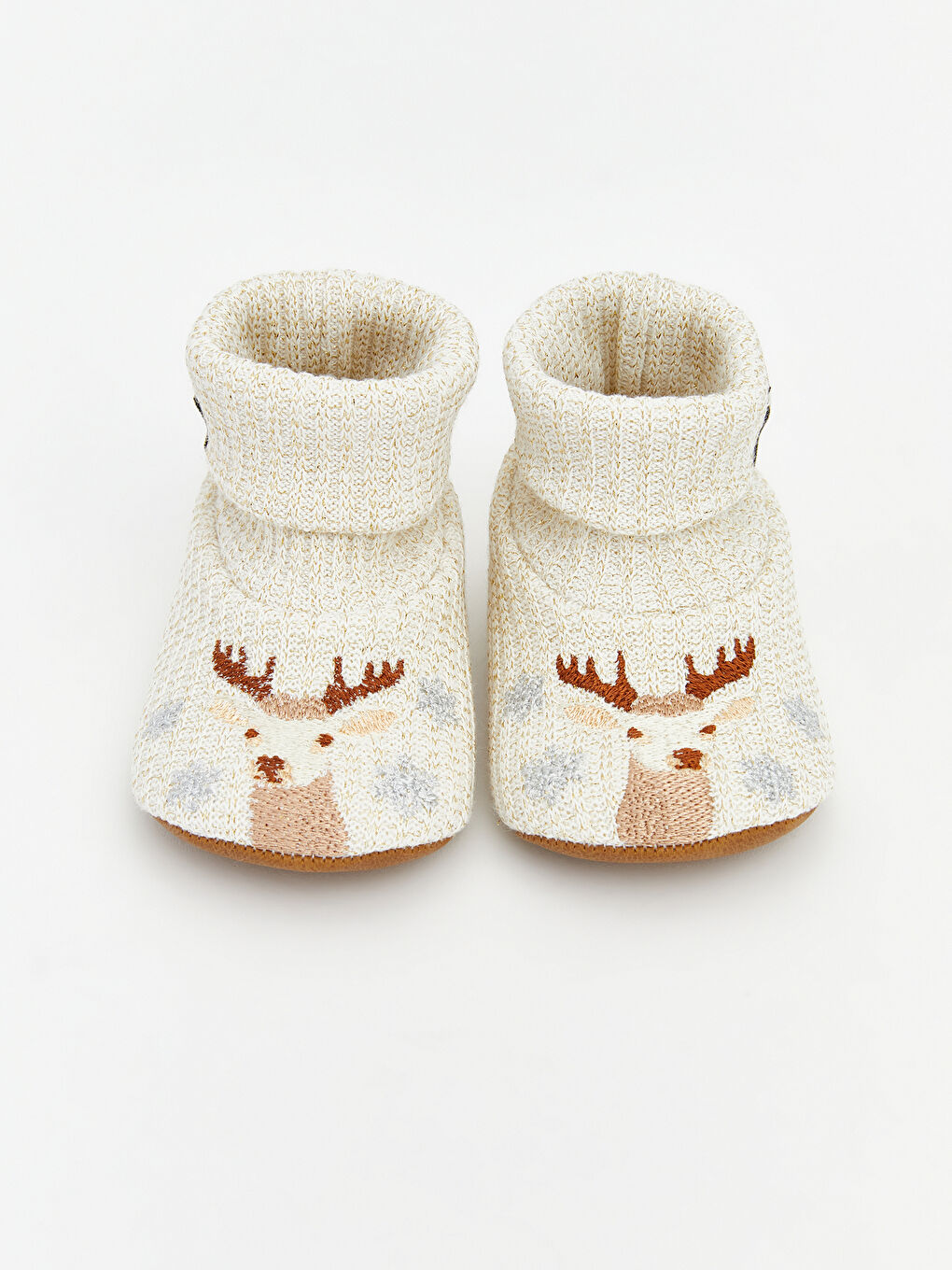 Bej Geyik Nakışlı Kız Bebek Çoraplı Ev Ayakkabısı-2