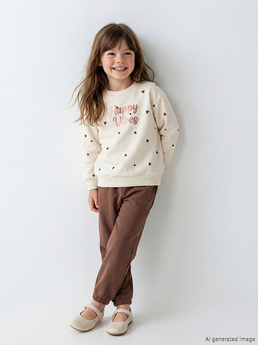 Kahverengi Baskılı Kız Çocuk Sweatshirt ve Eşofman Altı