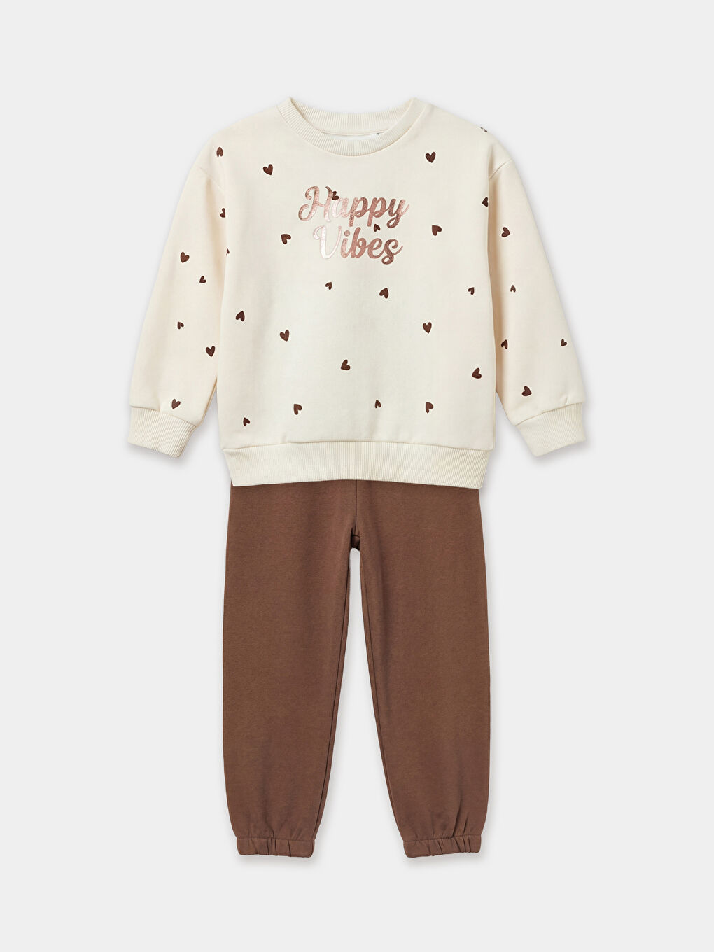 Kahverengi Baskılı Kız Çocuk Sweatshirt ve Eşofman Altı