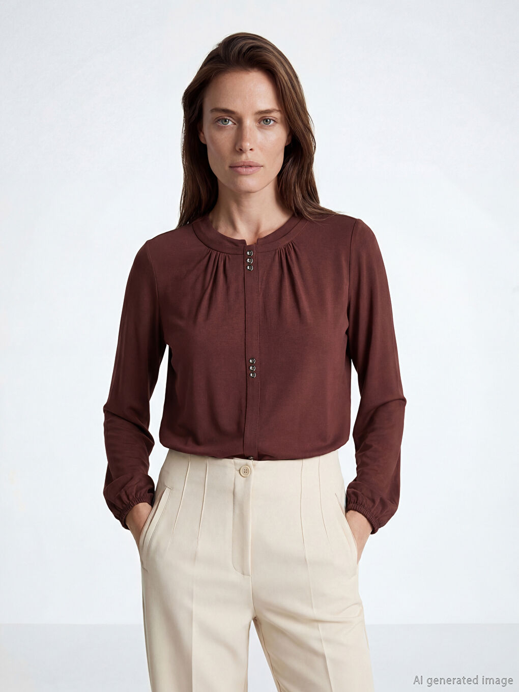 Kahverengi Bisiklet Yaka Büzgülü Bluz