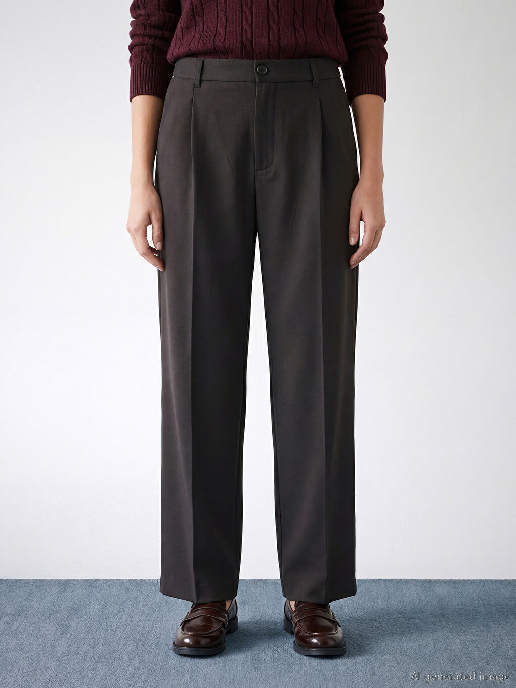 Kahverengi Beli Lastikli Kadın Pileli Kumaş Pantolon-1