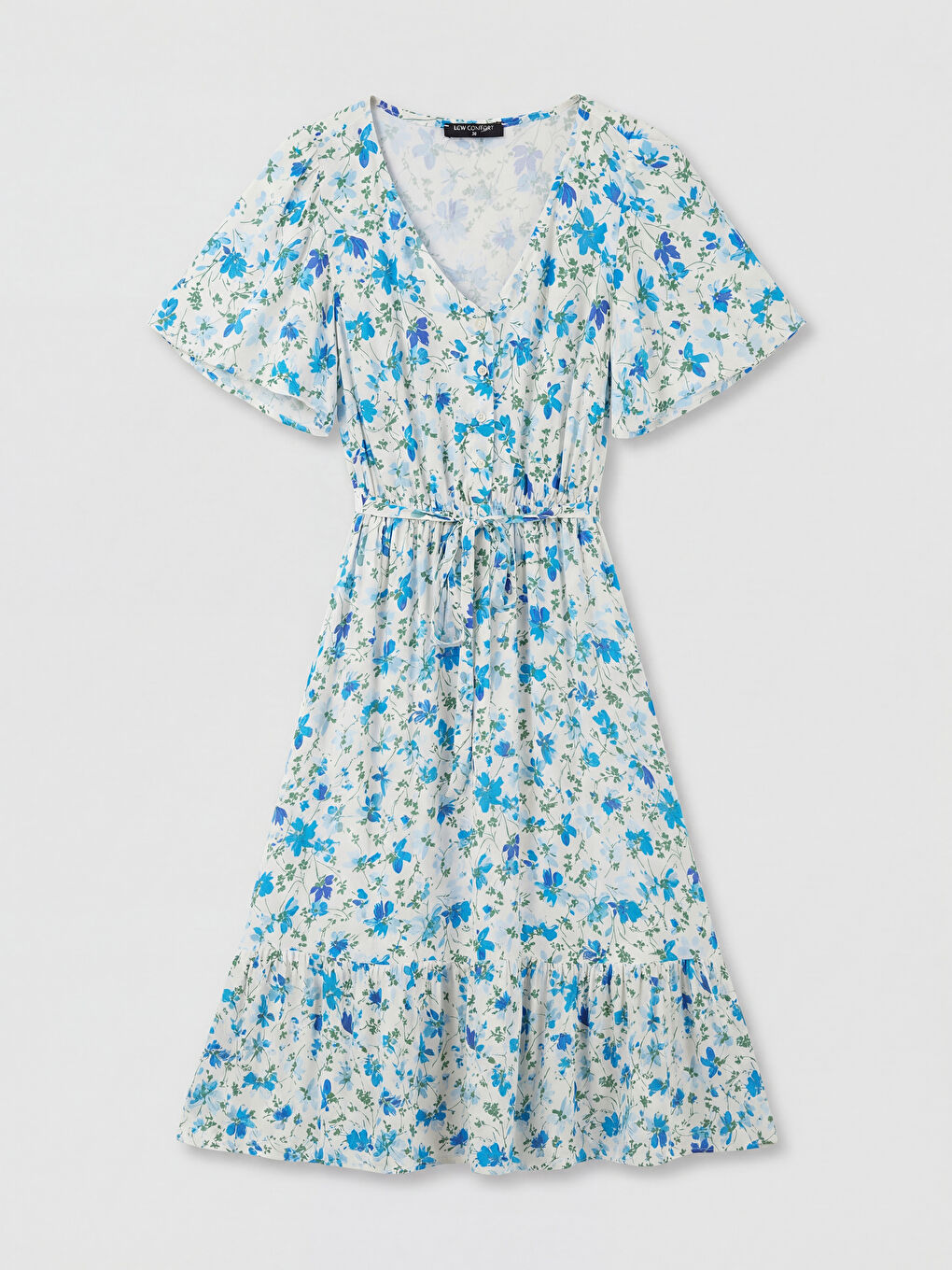 Ekru V Yaka Çiçekli Belden Oturtmalı Elbise