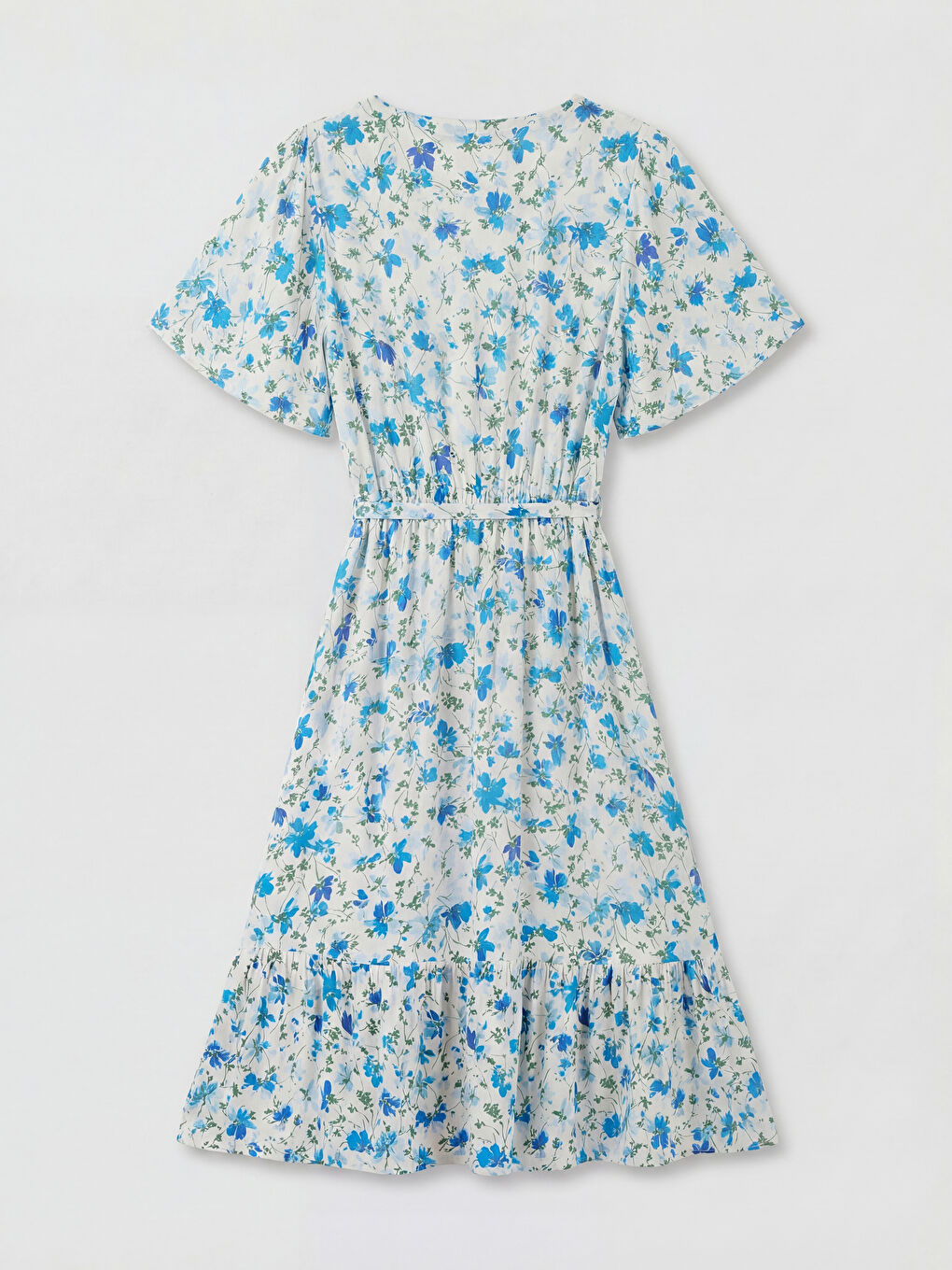 Ekru V Yaka Çiçekli Belden Oturtmalı Elbise-1