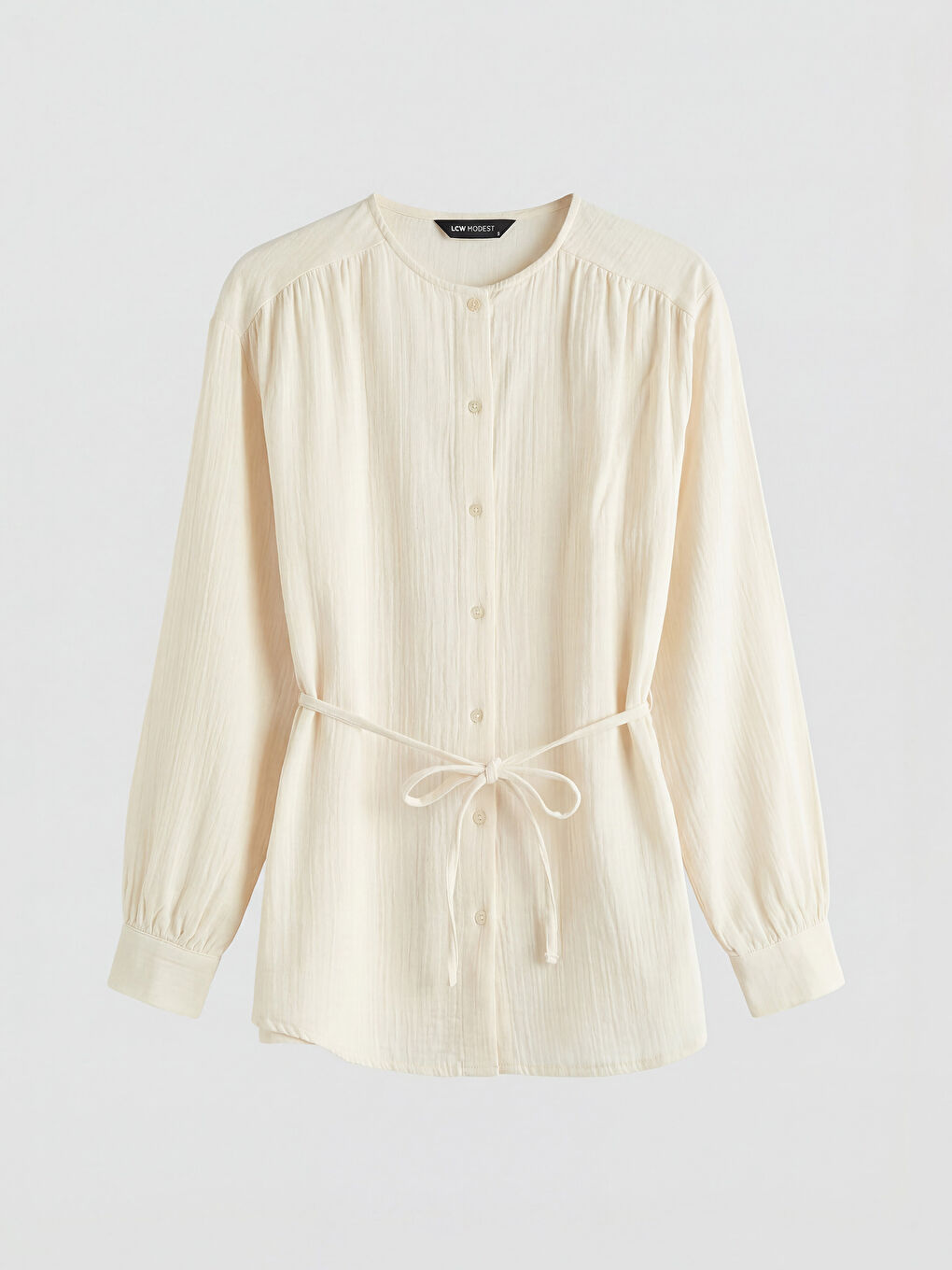 Ekru Hakim Yaka Beli Kuşaklı Kadın Gömlek Tunik