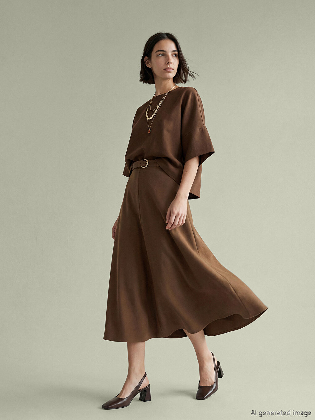 Kahverengi Beli Kemerli Kloş Etek