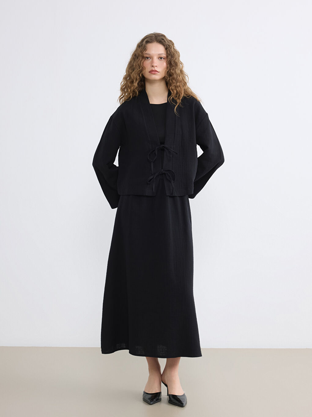 Siyah Şal Yaka Oversize Kadın Kimono-1