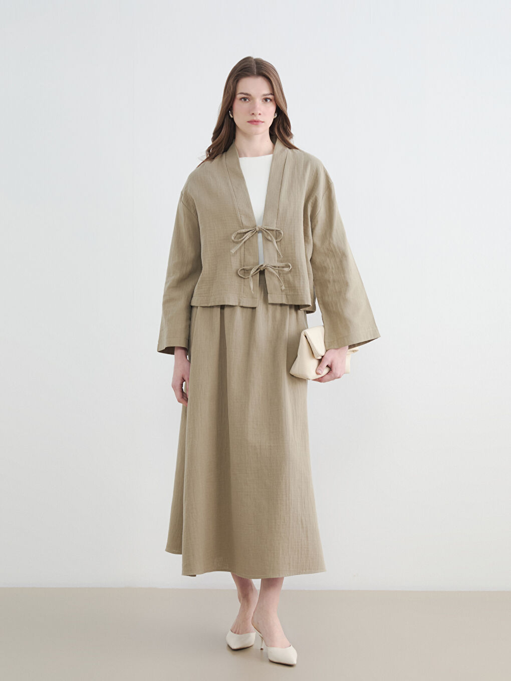 Haki Şal Yaka Oversize Kadın Kimono-1