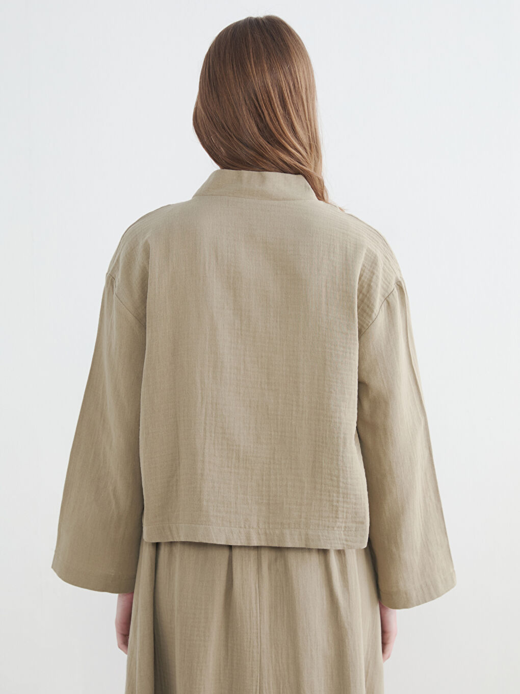 Haki Şal Yaka Oversize Kadın Kimono-3