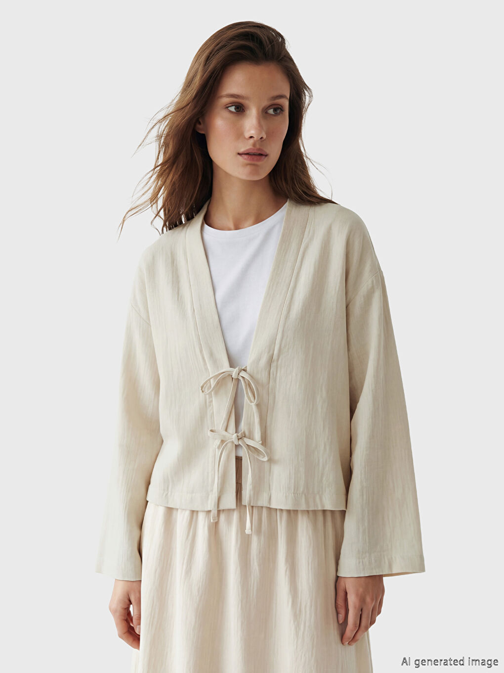 Bej Şal Yaka Oversize Kadın Kimono