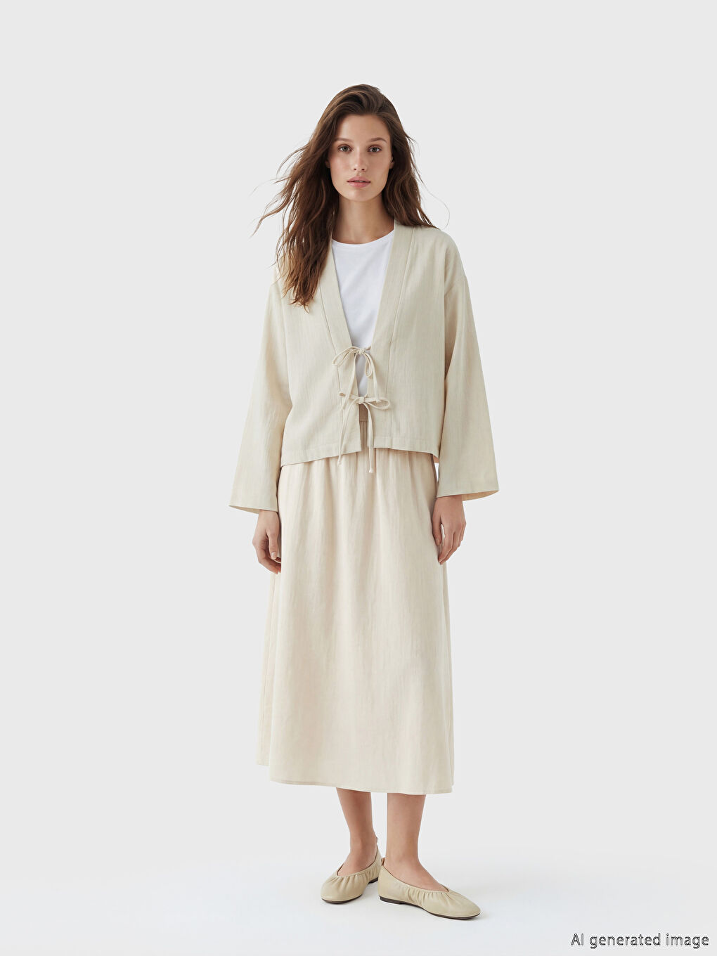 Bej Şal Yaka Oversize Kadın Kimono-1