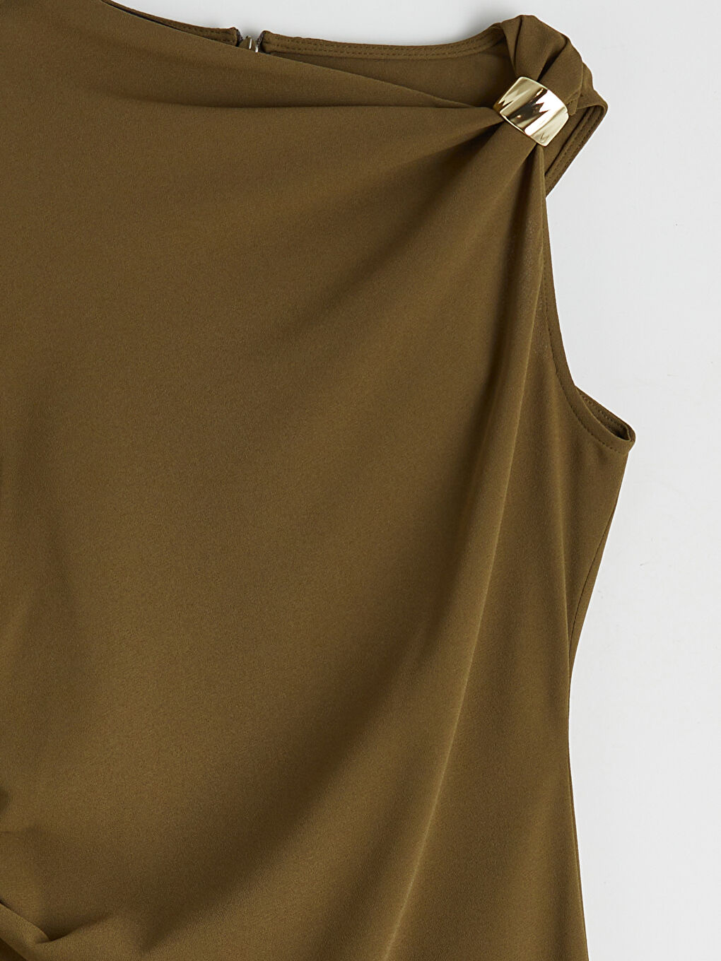 Haki Kayık Yaka Büzgülü Krep Elbise-2