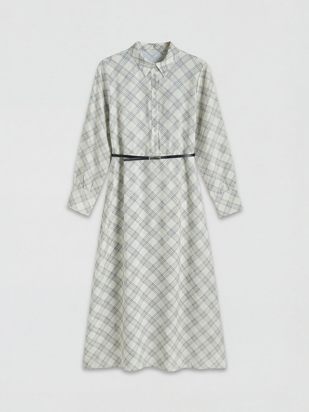 Beyaz Gömlek Yaka Ekose Beli Kemerli Elbise