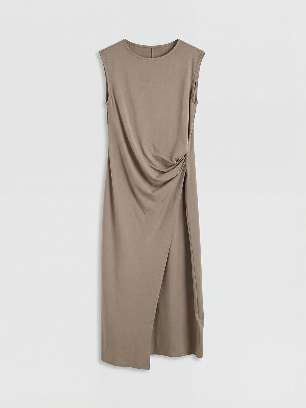 Bej Bisiklet Yaka Büzgülü Yırtmaçlı Elbise