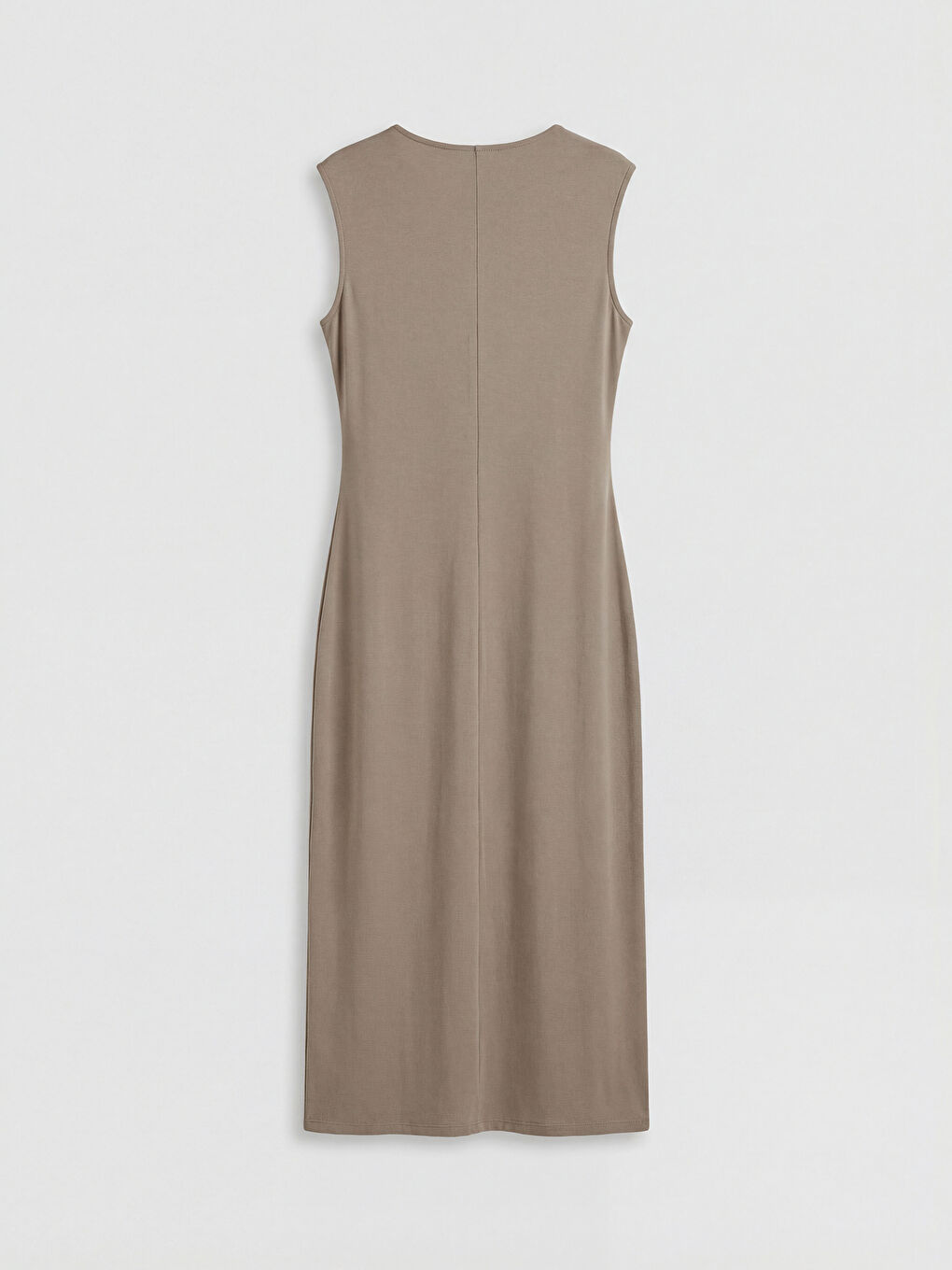 Bej Bisiklet Yaka Büzgülü Yırtmaçlı Elbise-1