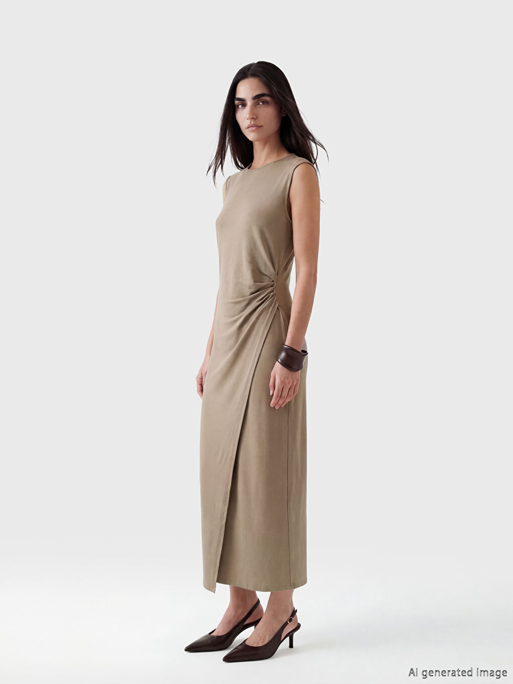 Robe Fendue Froncée à Col Rond