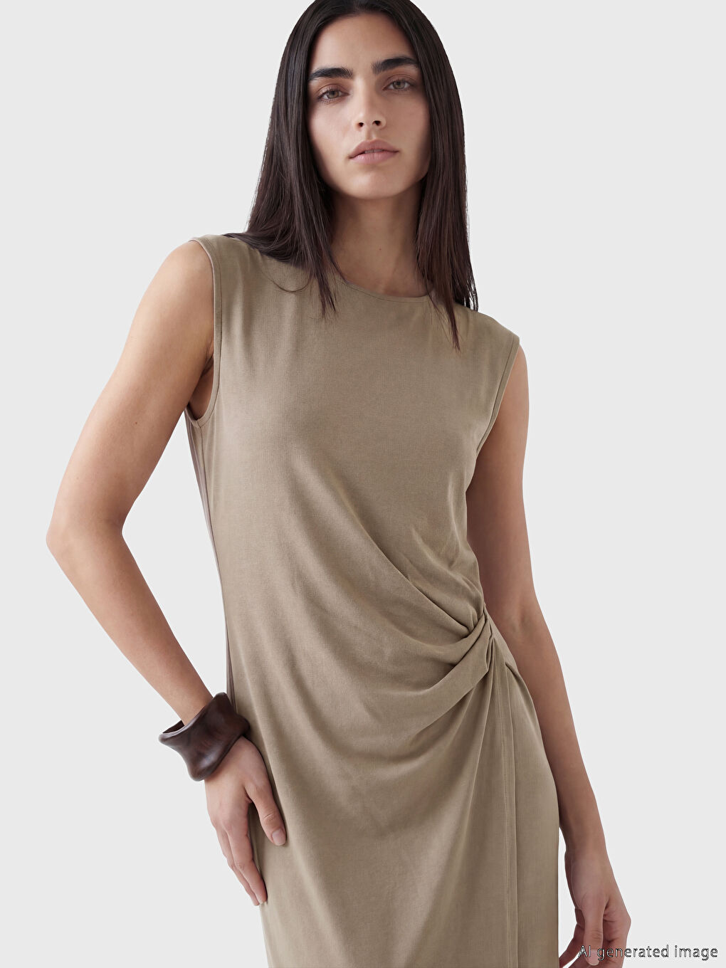 Robe Fendue Froncée à Col Rond-1