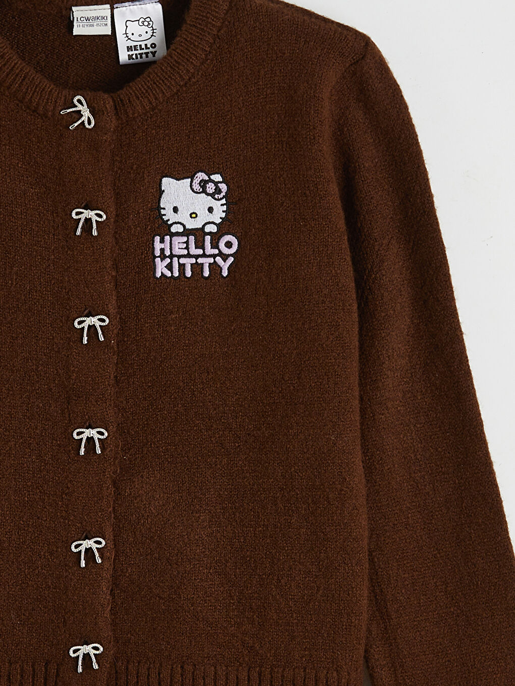 Kahverengi Bisiklet Yaka Hello Kitty Nakışlı Kız Çocuk Triko Hırka-2