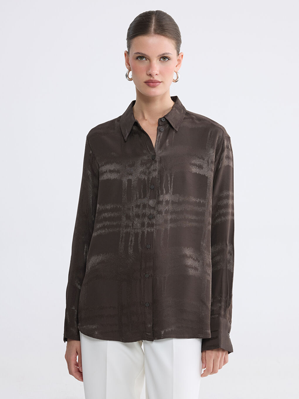 Kahverengi Desenli Kadın Gömlek-1