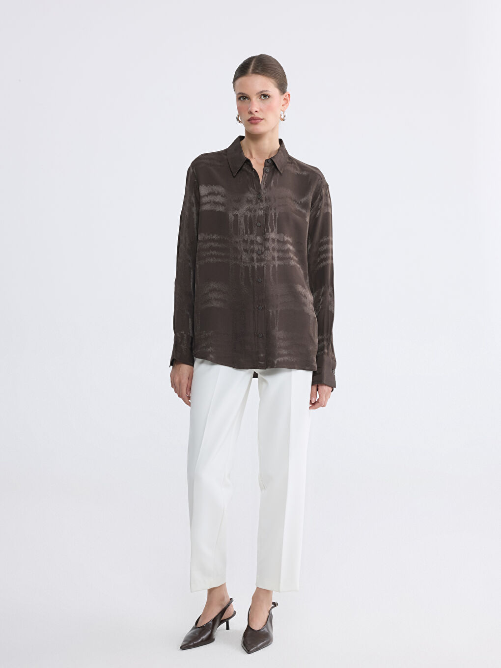 Kahverengi Desenli Kadın Gömlek-2