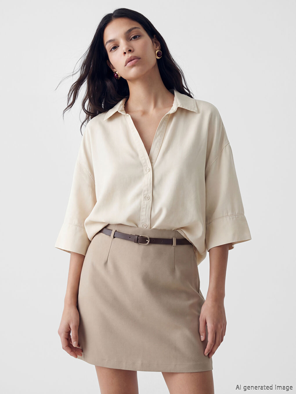 Bej Oversize Kadın Jean Gömlek