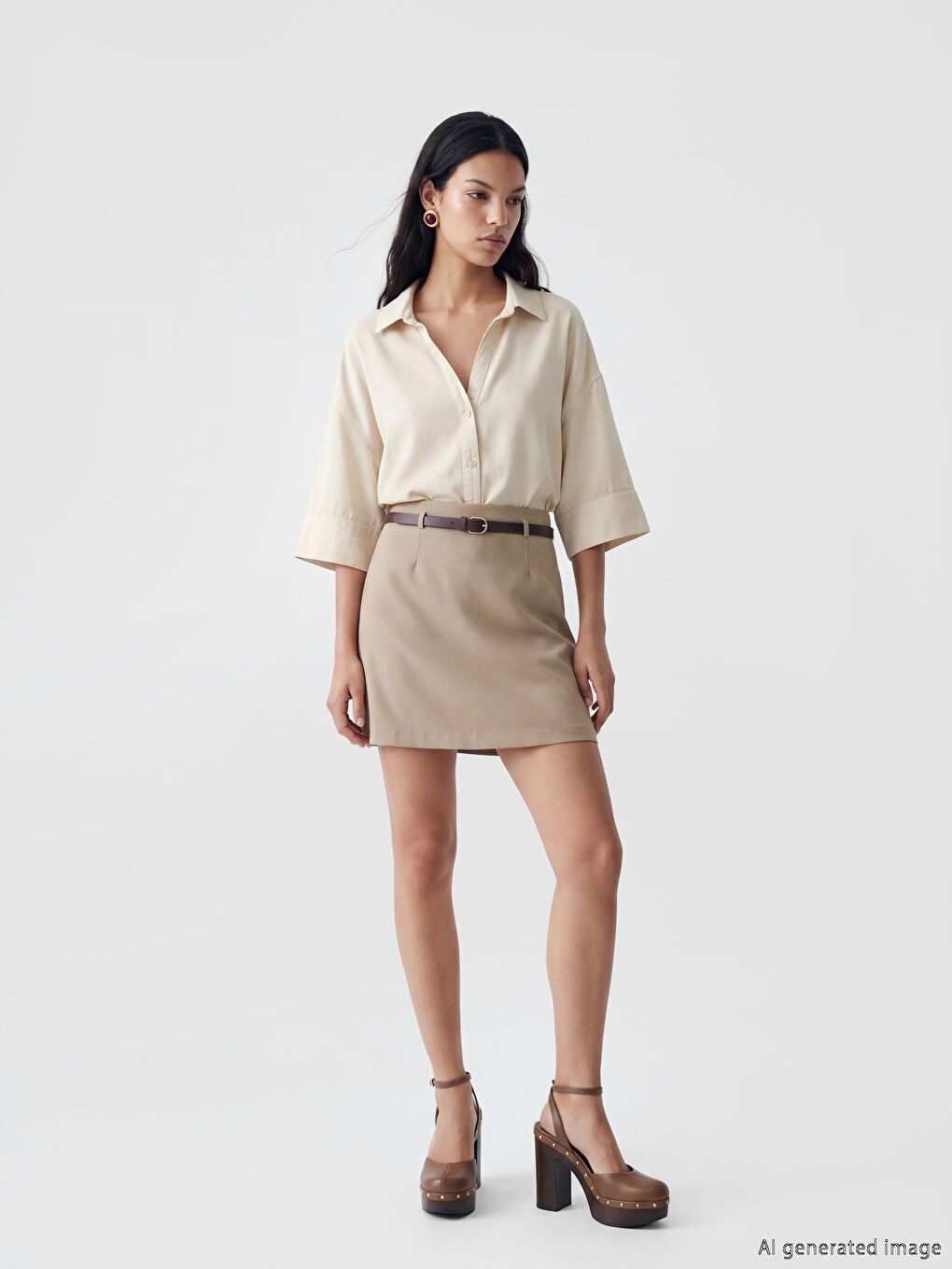 Bej Oversize Kadın Jean Gömlek-1