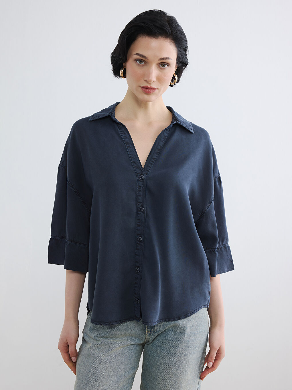 Lacivert Oversize Kadın Jean Gömlek