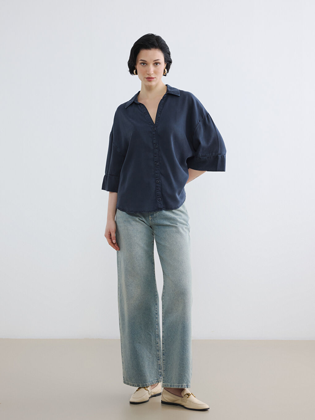 Lacivert Oversize Kadın Jean Gömlek-1