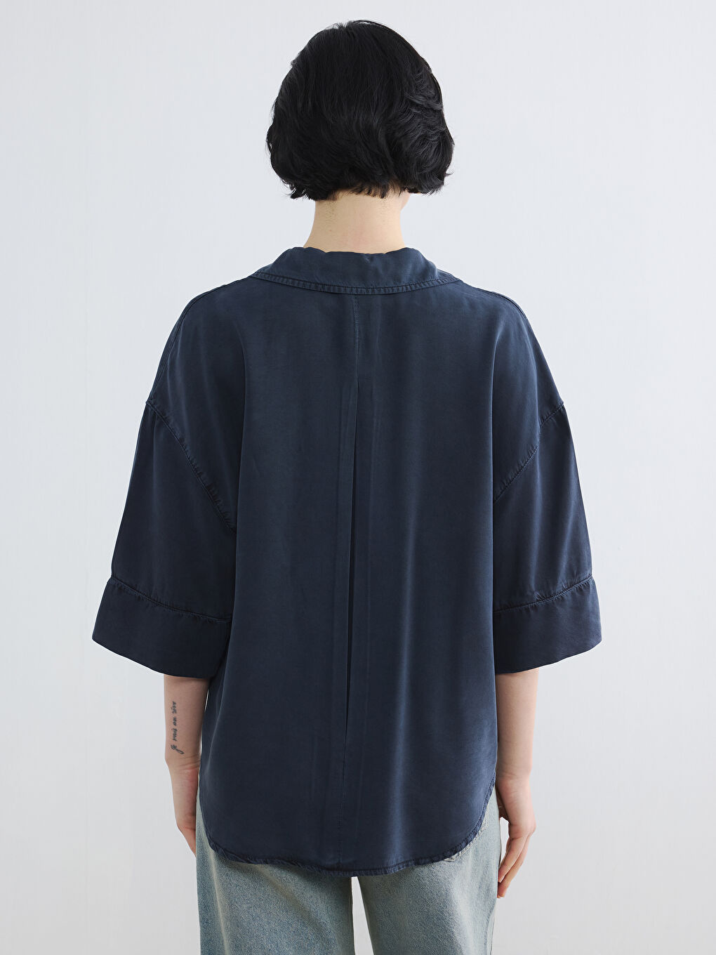 Lacivert Oversize Kadın Jean Gömlek-3
